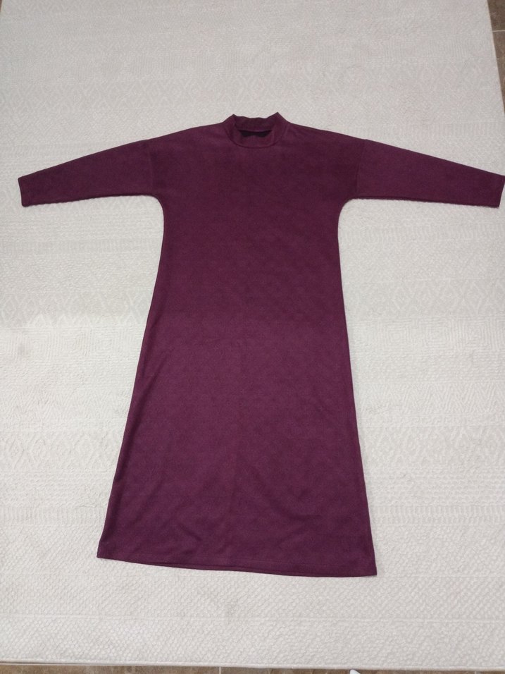 Bordo Uzun Kollu Yüksek Yakalı Elbise - Görsel 4