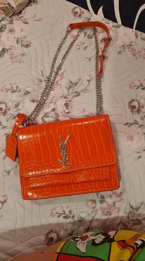 Turuncu Yılan Derisi Desenli Zincir Detaylı Deri Çanta - Görsel 2