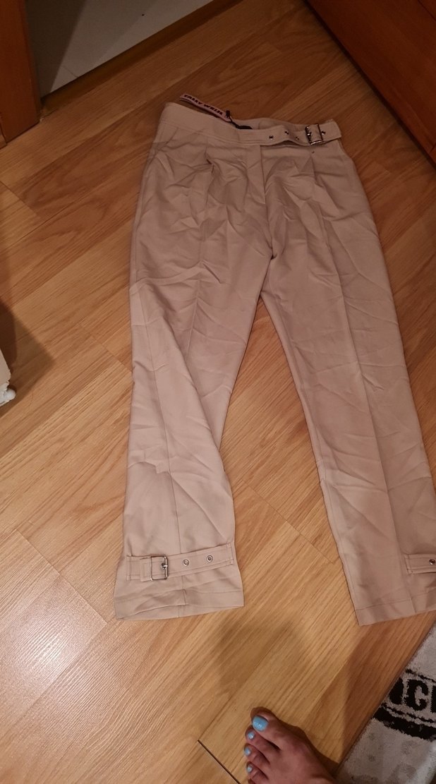 Bej Kadın Kumaş Pantolon, Kemerli, Midi Boy - Görsel 2