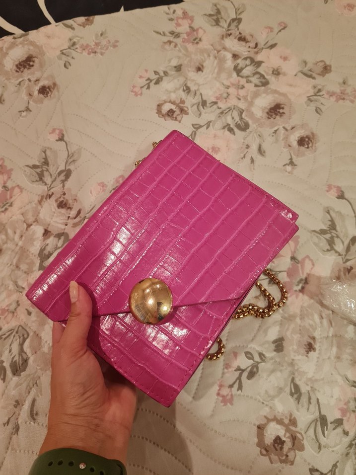 Pembe Deri Zincir Detaylı Yılan Desenli Kadın Çanta - Görsel 3