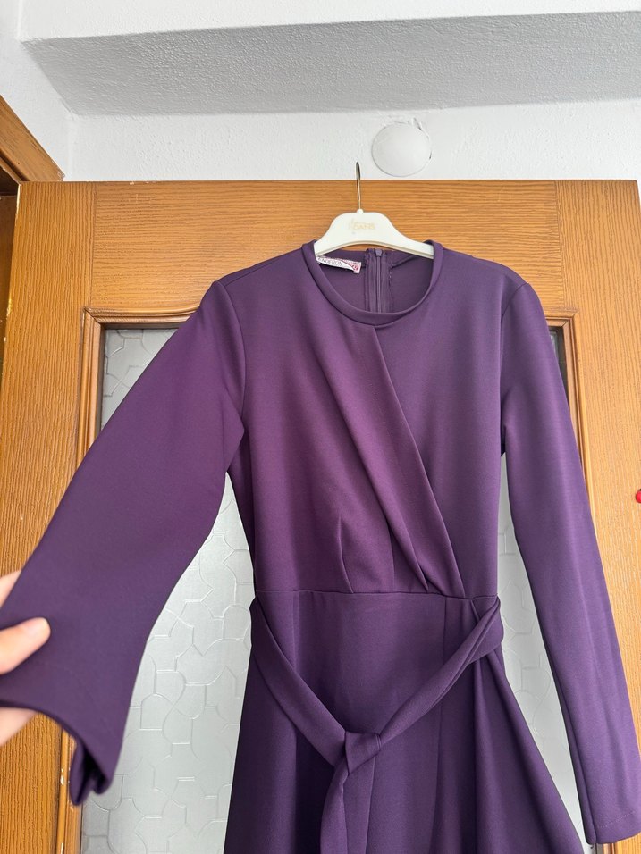 Mor Drapeli Uzun Kollu Kadın Elbise - Görsel 4