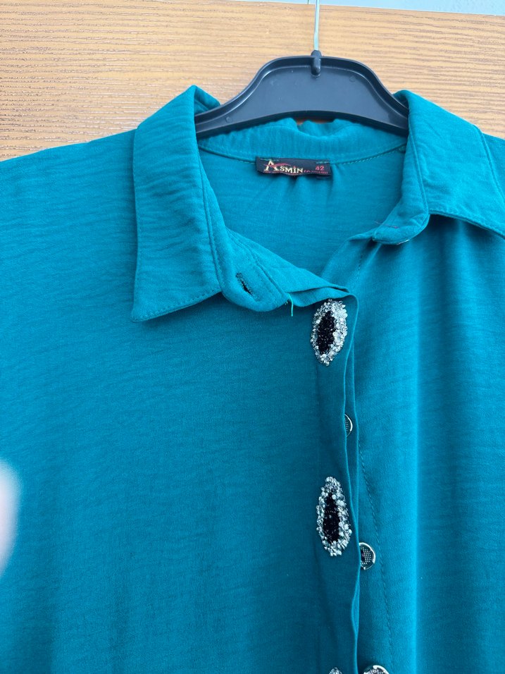 Nakışlı Turkuaz Uzun Kollu Tunik - Görsel 3