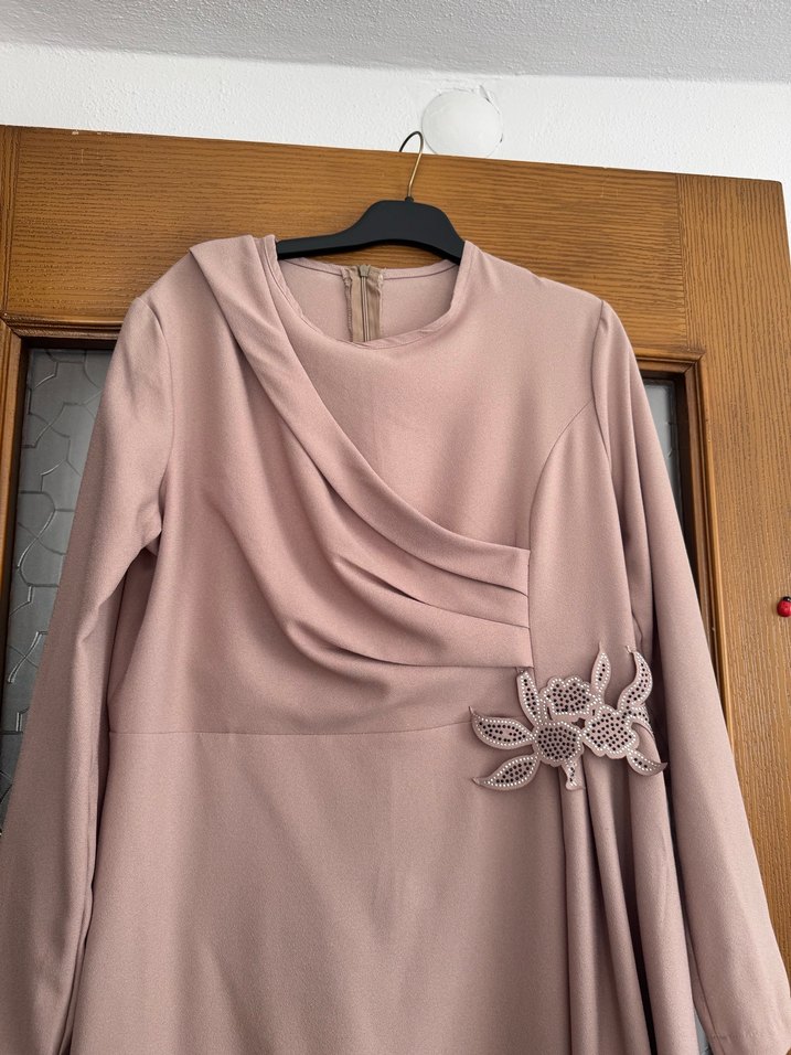 Bej Drapeli Kadın Uzun Abiye Elbise - Görsel 2