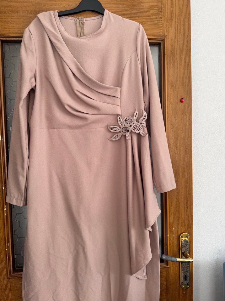 Bej Drapeli Kadın Uzun Abiye Elbise - Görsel 3