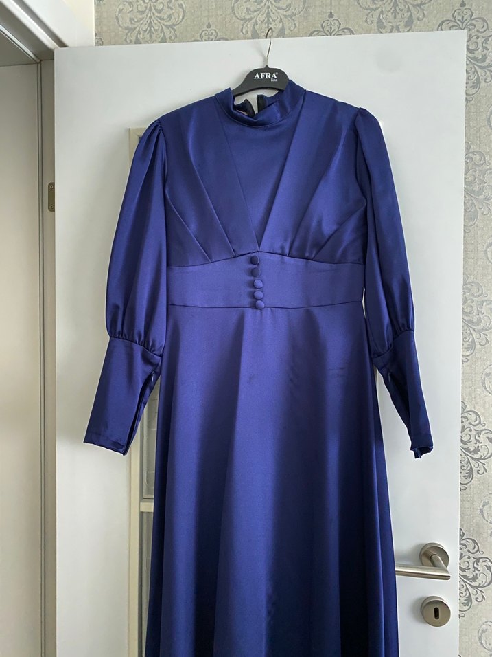 Uzun Kol Drapeli Lacivert Kadın Elbise - Görsel 4