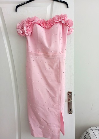 Pembe Straplez Uzun Abiye Elbise