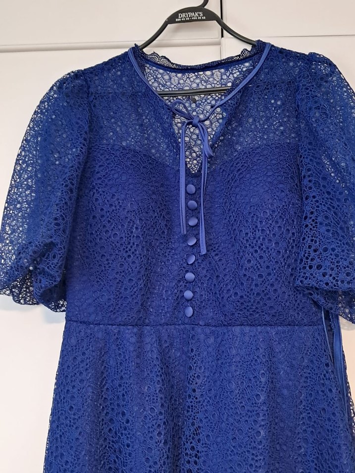 Dantel Detaylı Lacivert Vintage Uzun Elbise - Görsel 2