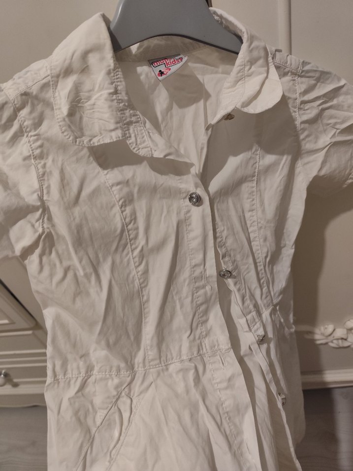 Kız Çocuk Beyaz Keten Kısa Kollu Gömlek - Görsel 2