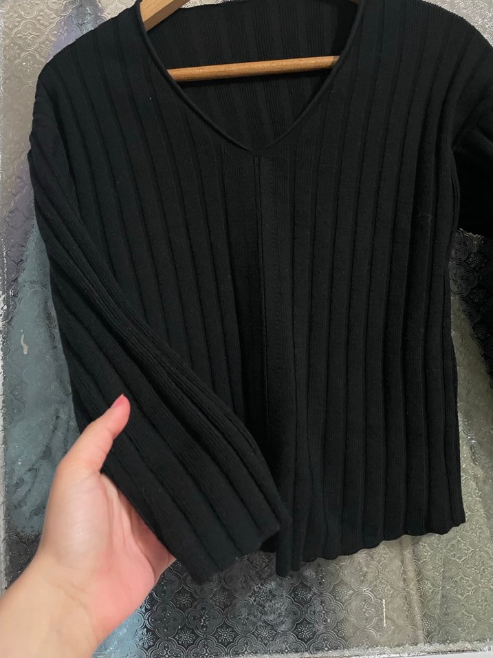 Siyah V Yaka Fitilli Triko Kazak - Görsel 2