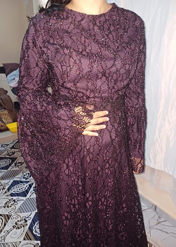 Uzun Mor Gotik Drape Detaylı Kadın Tesettür Abiye - Görsel 2