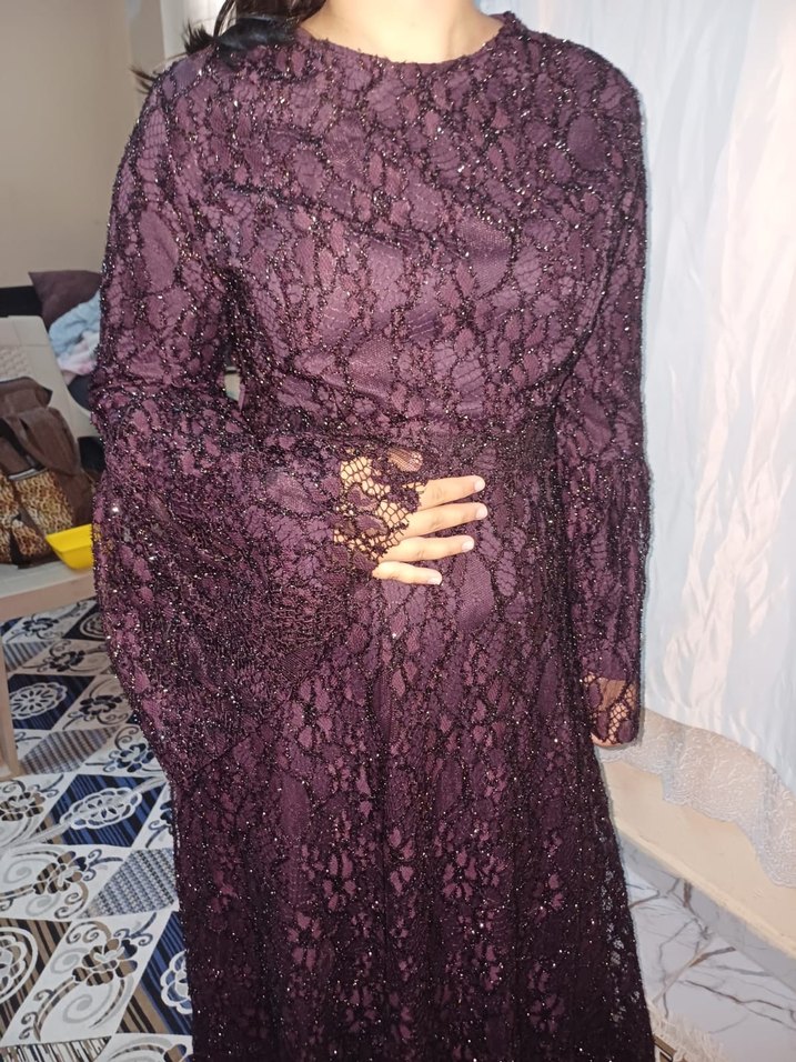 Uzun Mor Gotik Drape Detaylı Kadın Tesettür Abiye - Görsel 2