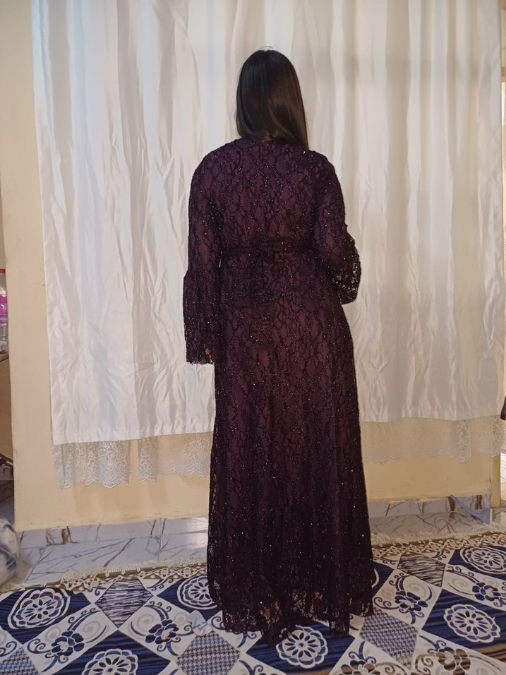 Uzun Mor Gotik Drape Detaylı Kadın Tesettür Abiye - Görsel 5