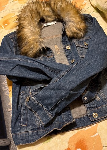 m Beden Kahverengi Kürklü Kadın Denim Ceket