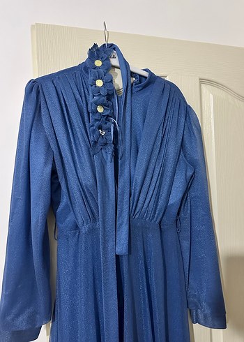 Uzun Kollu Mavi Vintage Denim Elbise - Görsel 5