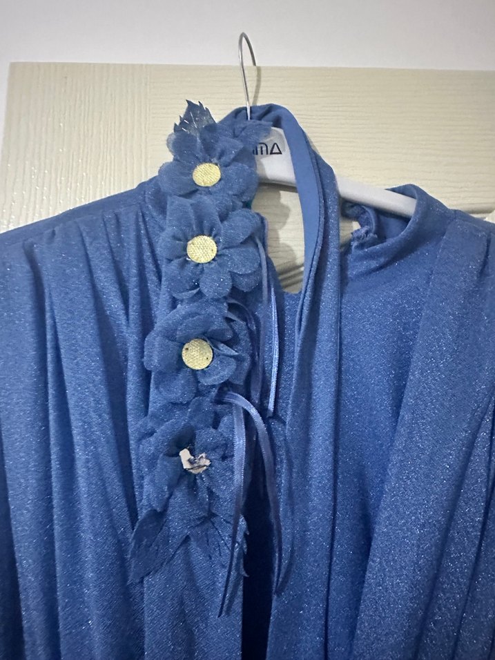 Uzun Kollu Mavi Vintage Denim Elbise - Görsel 3