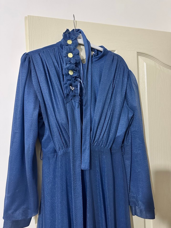 Uzun Kollu Mavi Vintage Denim Elbise - Görsel 5