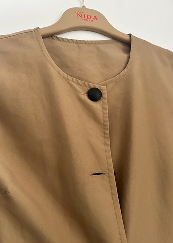 Bej Düğmeli Kadın Keten Uzun trençkot - Görsel 2