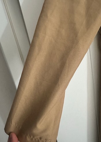 Bej Düğmeli Kadın Keten Uzun trençkot - Görsel 4