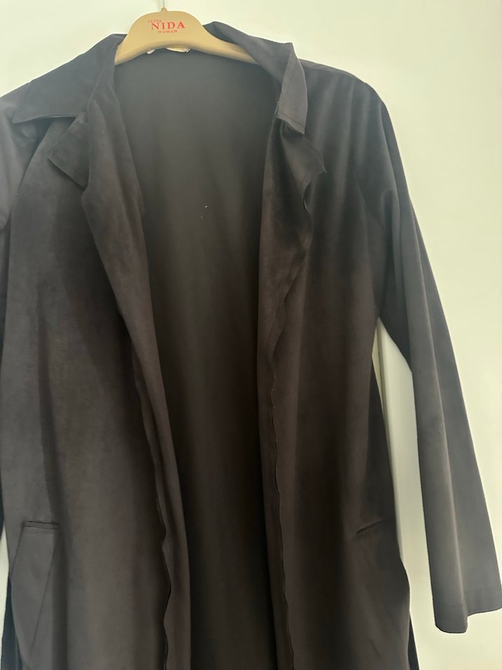 Uzun Siyah Süet Kadın Ceket - Görsel 5