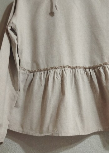 Bej Kadın Keten Uzun Kollu Bluz - Görsel 2