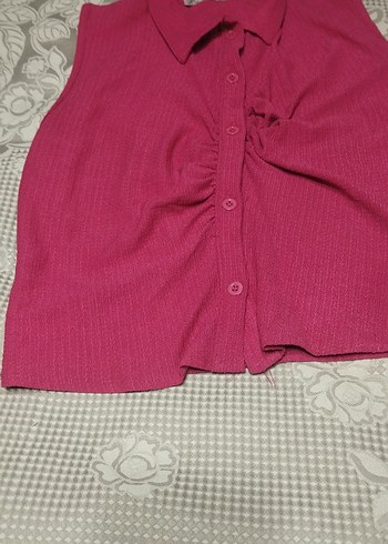 Düğmeli Pembe Kolsuz Keten Gömlek - Görsel 2