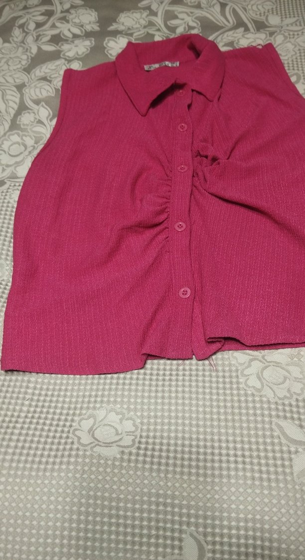 Düğmeli Pembe Kolsuz Keten Gömlek - Görsel 2