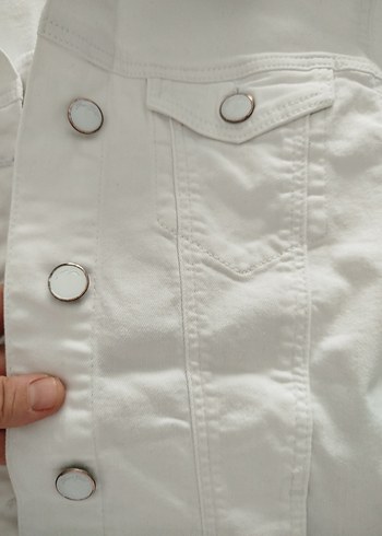 Düğmeli Beyaz Kadın Keten Ceket mavi jeans - Görsel 6