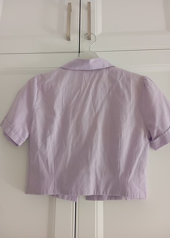 Düğmeli Kısa Kollu Lila Keten Gömlek - Görsel 2