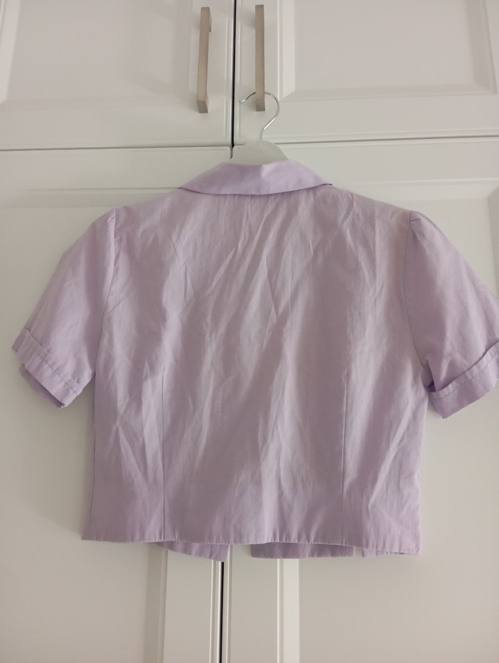 Düğmeli Kısa Kollu Lila Keten Gömlek - Görsel 2