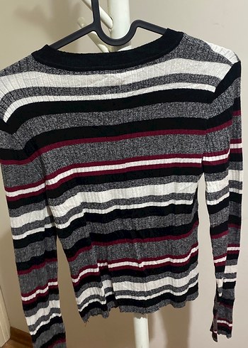 Çizgili Gri Kadın Triko Kazak - Görsel 3