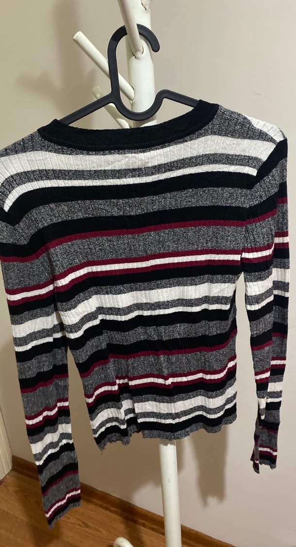 Çizgili Gri Kadın Triko Kazak - Görsel 3