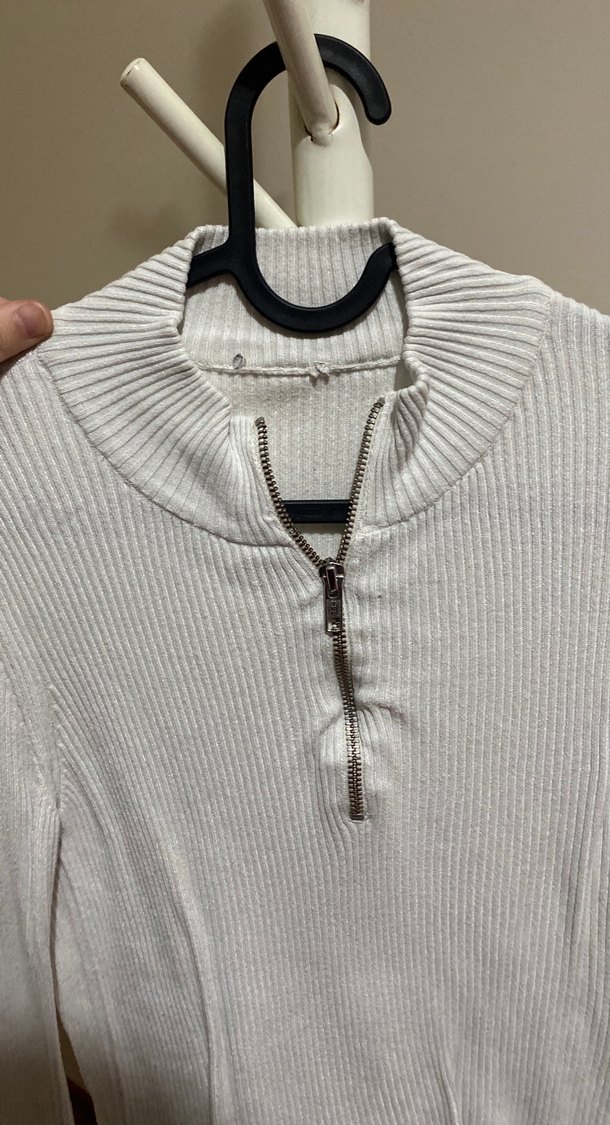 Yarım Fermuarlı Beyaz Yüksek Yaka Triko Kadın Kazak - Görsel 2