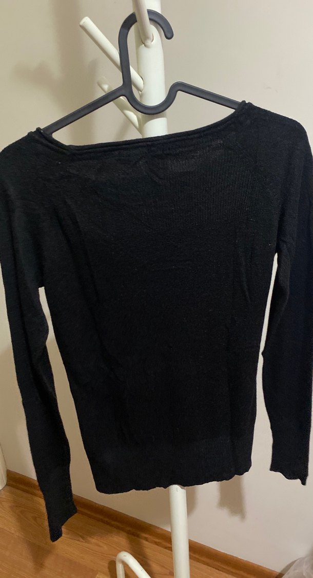 Kadın Siyah Uzun Kollu Keten Kazak - Görsel 3