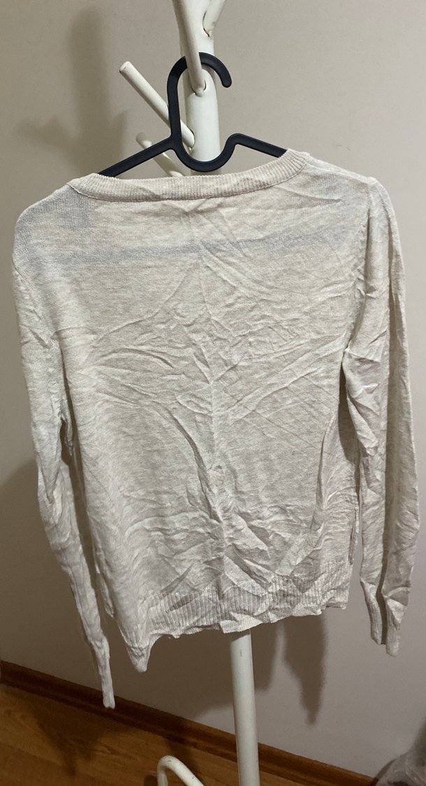 Kadın V Yaka Gri Keten Kazak - Görsel 3