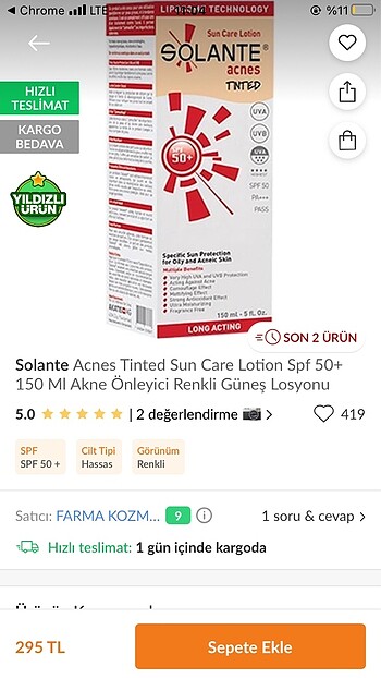 Solante 50+ Gunes Kremi(Renkli) 150ml