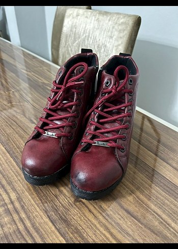 Bordo Deri Kadın Bot, Tokalı, Kalın Topuklu - Görsel 4