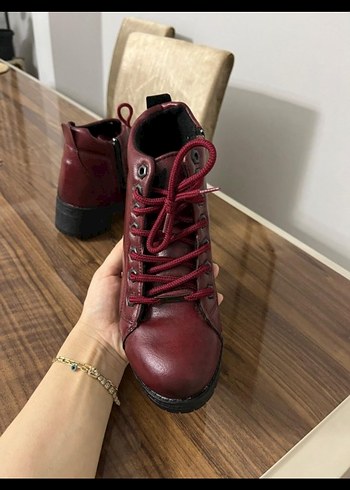 Bordo Deri Kadın Bot, Tokalı, Kalın Topuklu - Görsel 2