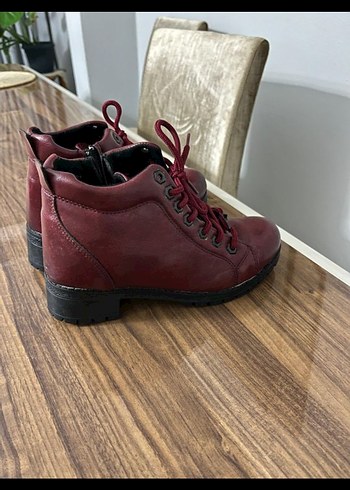 Bordo Deri Kadın Bot, Tokalı, Kalın Topuklu - Görsel 3