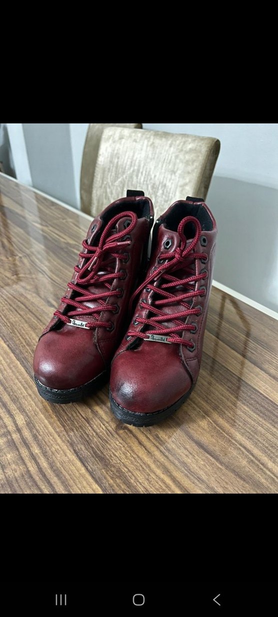 Bordo Deri Kadın Bot, Tokalı, Kalın Topuklu - Görsel 4