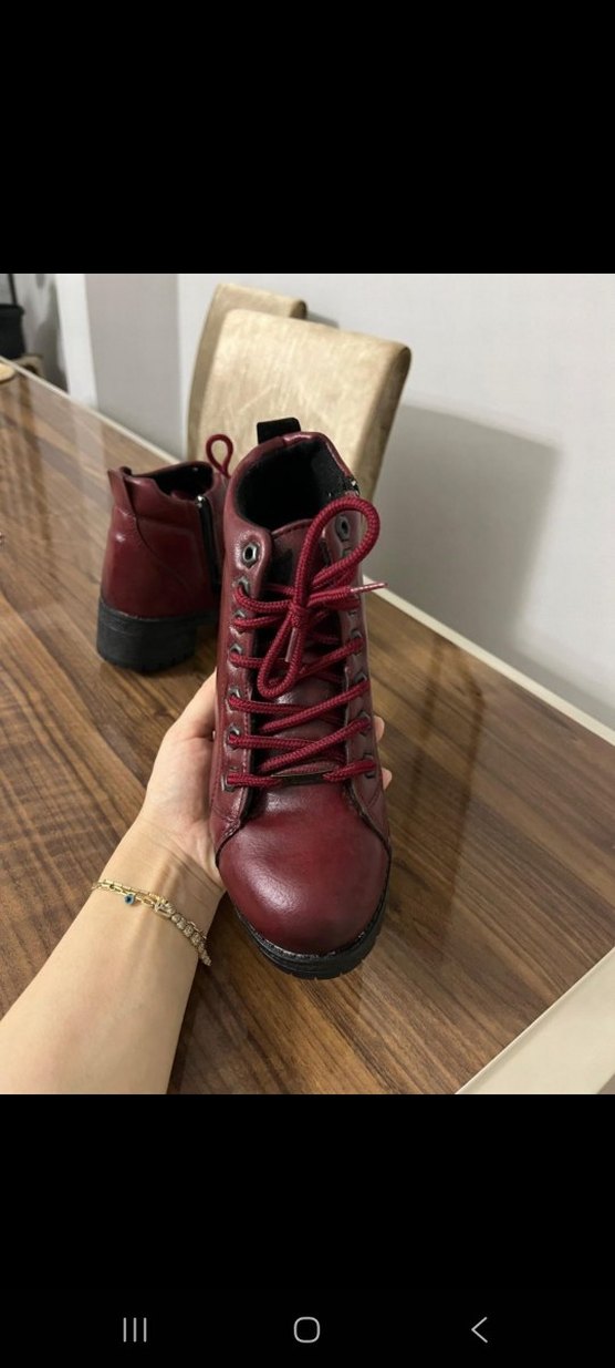 Bordo Deri Kadın Bot, Tokalı, Kalın Topuklu - Görsel 2