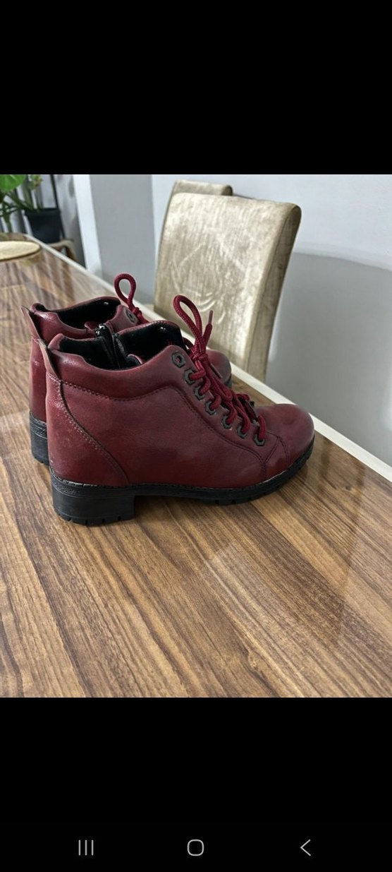 Bordo Deri Kadın Bot, Tokalı, Kalın Topuklu - Görsel 3