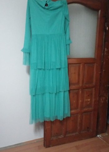 Uzun Turkuaz Pilili Bohem Elbise - Görsel 2