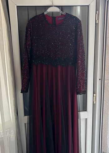 Bordo Uzun Kollu Abiye Elbise - Görsel 3