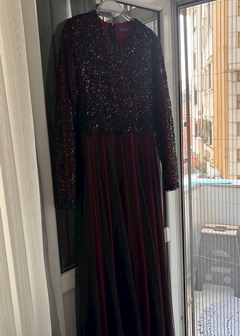 Bordo Uzun Kollu Abiye Elbise - Görsel 2