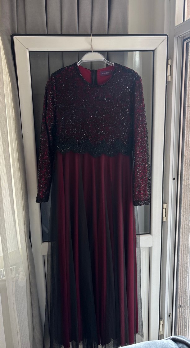 Bordo Uzun Kollu Abiye Elbise - Görsel 3