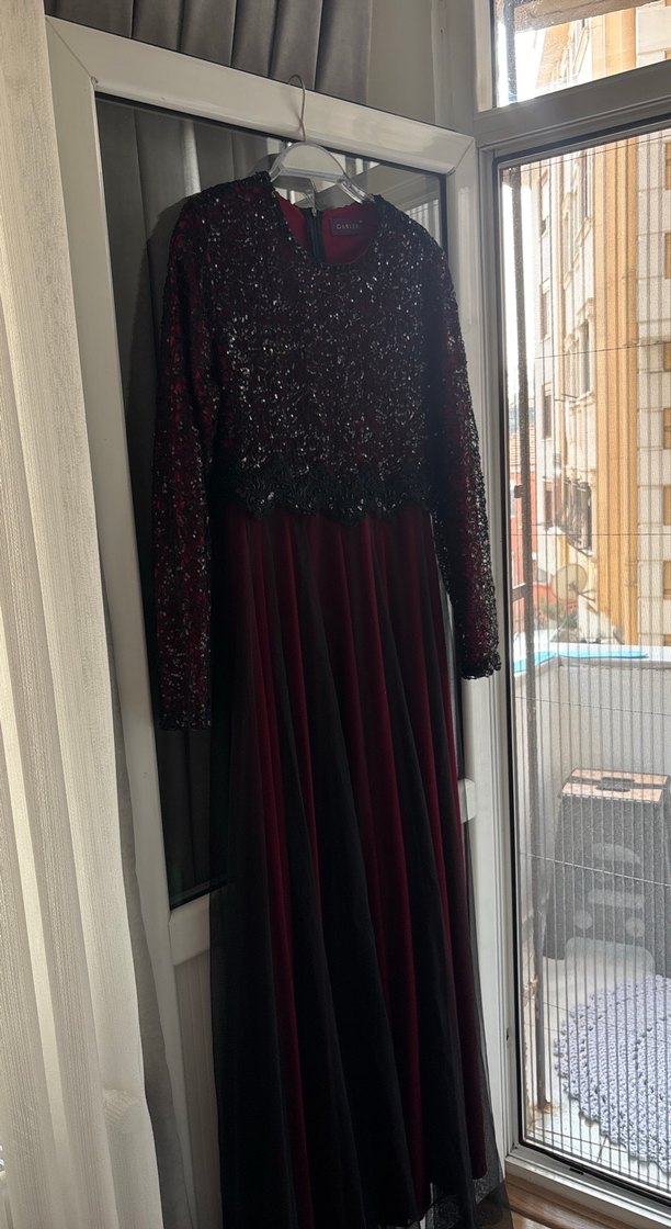 Bordo Uzun Kollu Abiye Elbise - Görsel 2