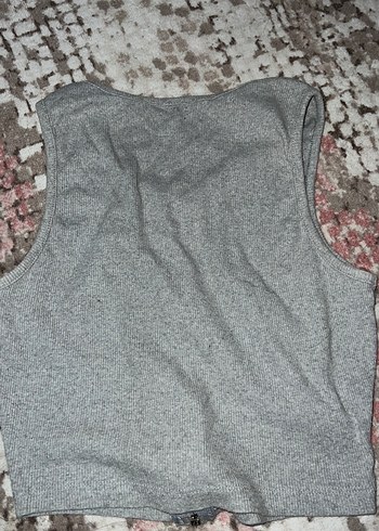 Diğer Gri Fermuarlı Yüksek Yakalı Kolsuz Kadın Crop