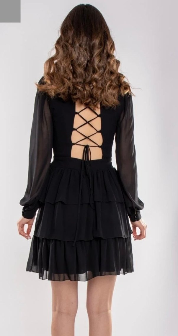 V Yaka Kemerli Siyah Mini Elbise - Görsel 2