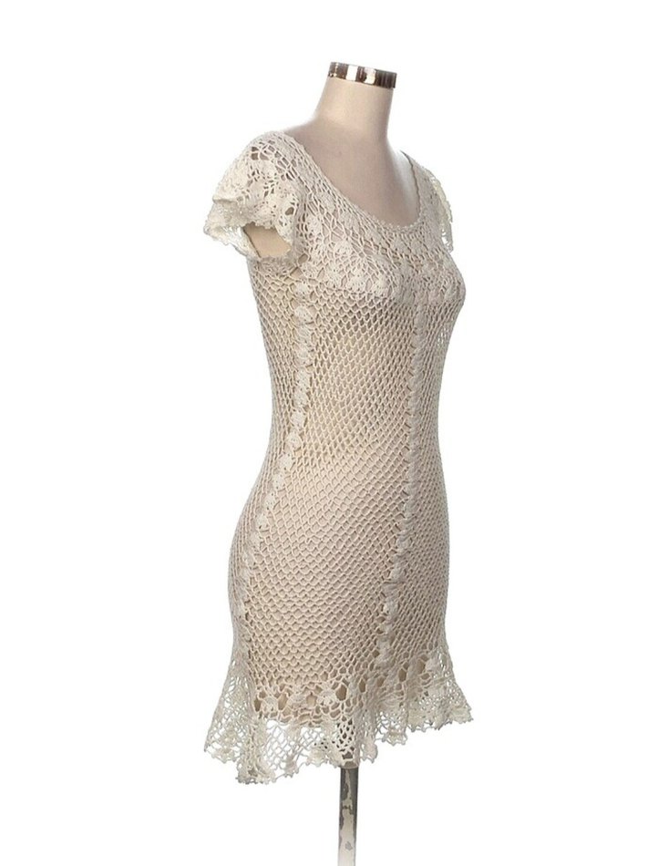 Dantel Detaylı Bej Örgü Midi Elbise - Görsel 2