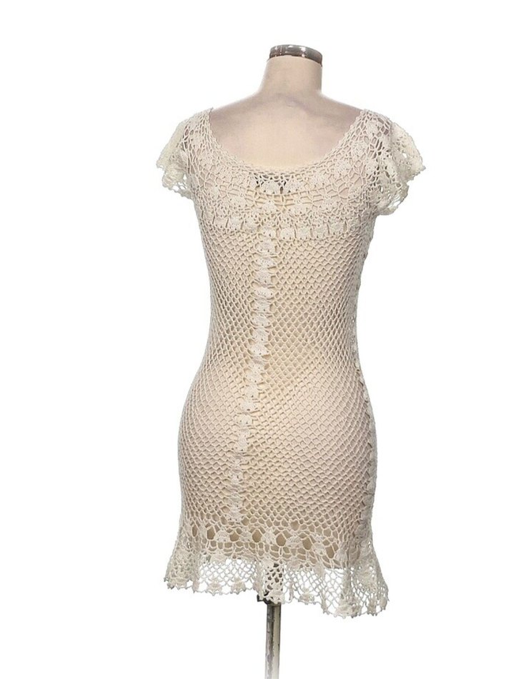 Dantel Detaylı Bej Örgü Midi Elbise - Görsel 3